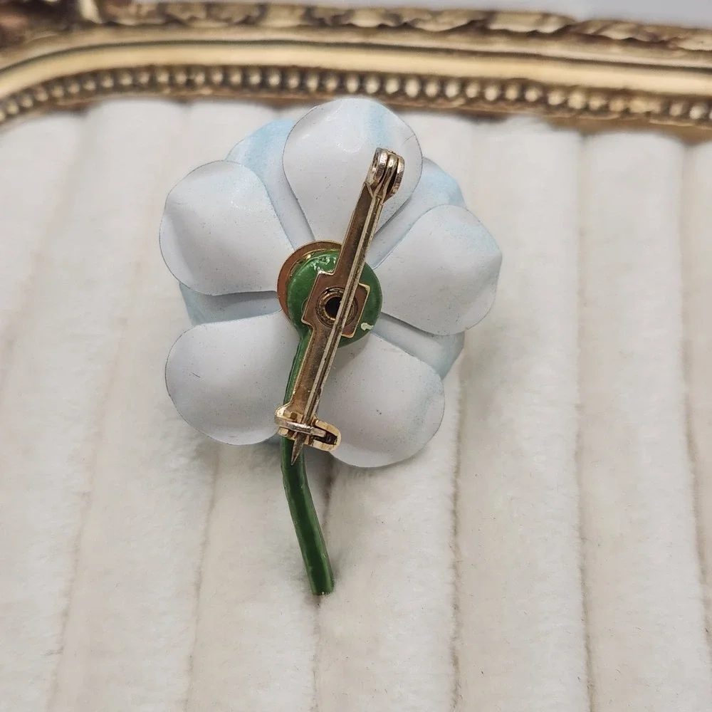 Vintage Blue Enamel Flower Brooch Mod Pop Art 60s Flower Power Faux Pearl Pin